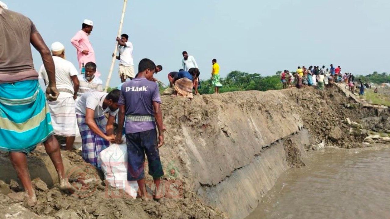 সাতক্ষীরার আশাশুনিতে বেড়িবাঁধ রক্ষায় স্বেচ্ছাশ্রমে কাজ করছেন গ্রামবাসীরা